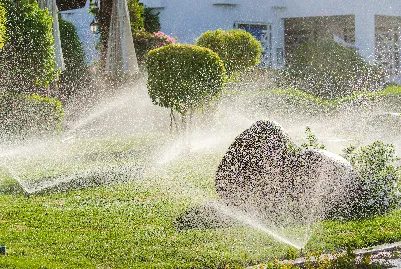 Drip irrigation line watering garden beds