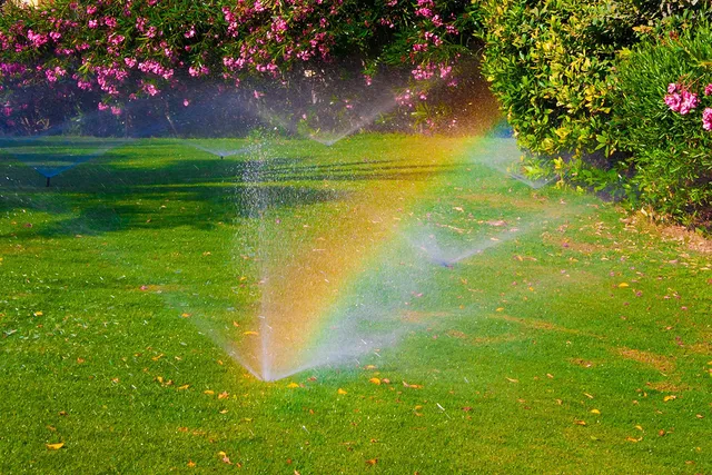Pop-up sprinklers watering a healthy green lawn beside flowering shrubs in Perth