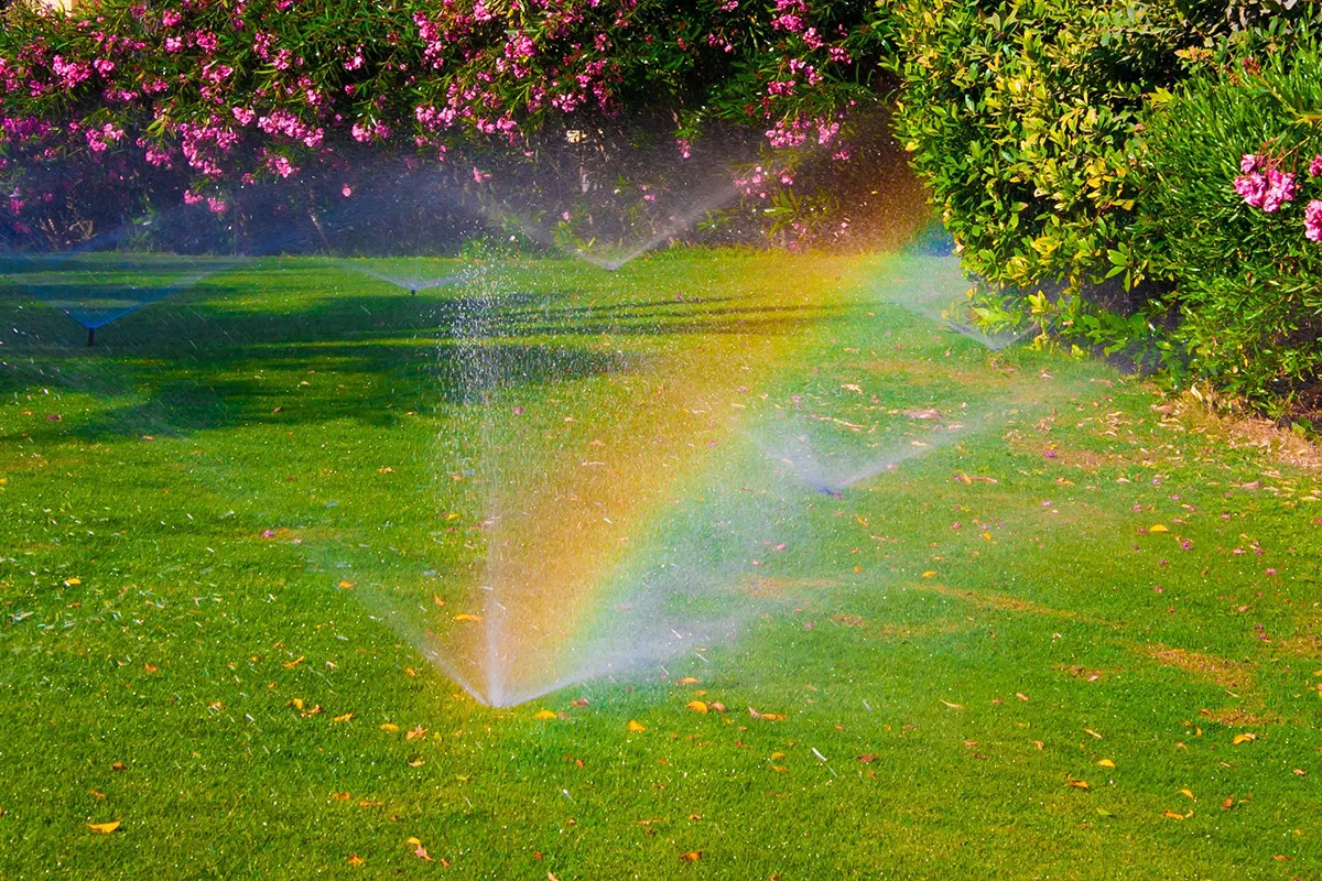 Reticulation sprinklers watering a healthy green lawn in Perth